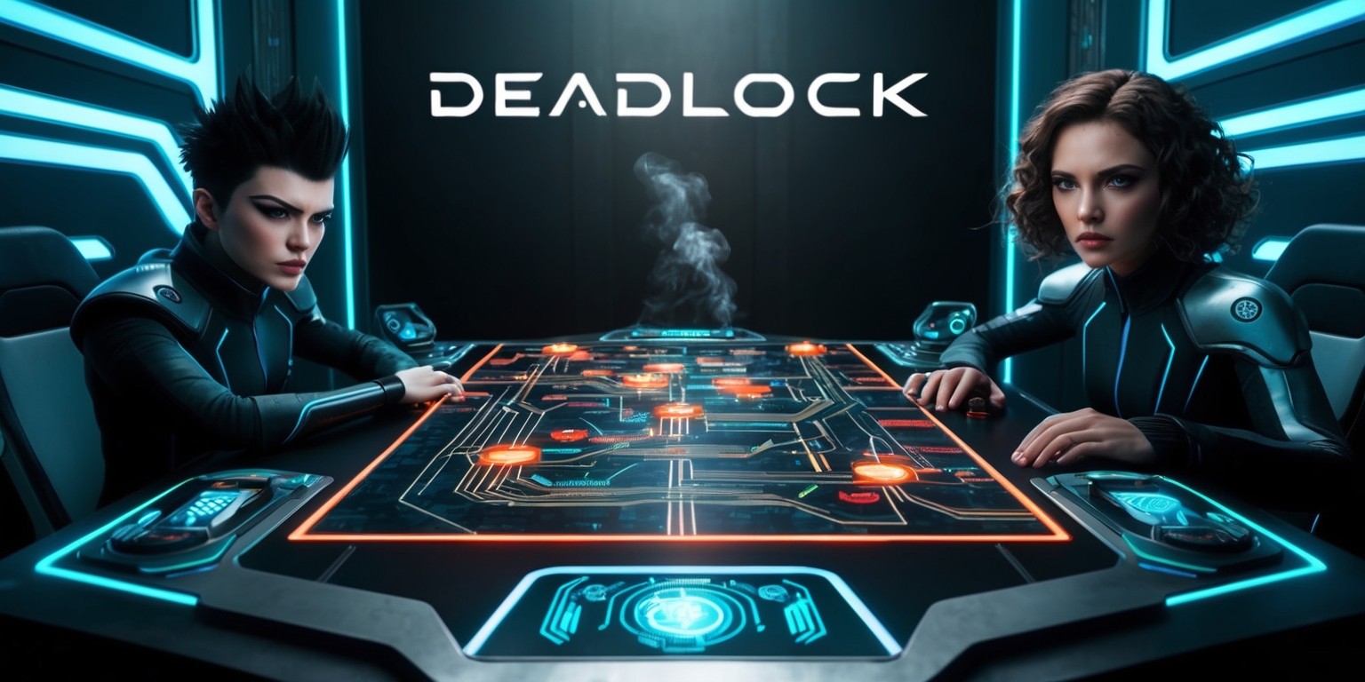 A futuristic, high-stakes board game scene, titled Deadlock, set against a dark, metallic backdrop with neon blue accents, showcasing a sprawling game board with intricate, circuit-like pathways and glowing, red-orange nodes, surrounded by two players, each with a determined expression, one with short, spiky black hair and piercing green eyes, the other with shoulder-length, curly brown hair and intense, brown eyes, both dressed in sleek, high-tech attire, with futuristic, holographic displays and controls embedded into the table, and a hint of smoke or fog hovering above, evoking an atmosphere of tension and competition.