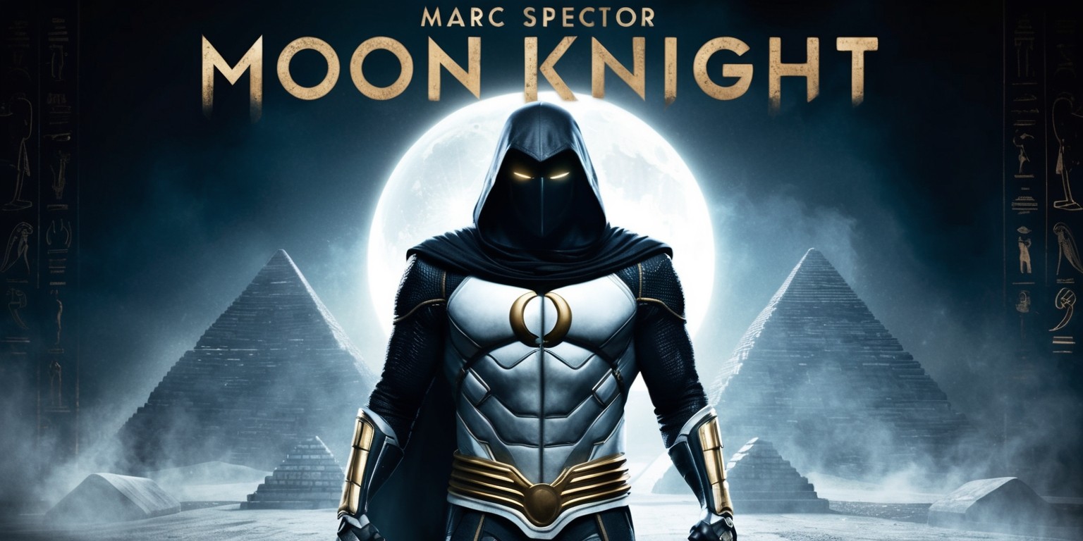 A cinematic poster featuring Marc Spector, aka Moon Knight, standing heroically in a dimly lit, mystical Egyptian-inspired backdrop with pyramids and crescent moon shapes, surrounded by a subtle, misty atmosphere and faint hieroglyphics. Moon Knight is dressed in his iconic white and black costume, with a gold crescent moon emblem on his chest, his face obscured by a hood, and his eyes glowing with an ethereal intensity. The atmosphere is moody and mysterious, with a dominant color scheme of dark blues and grays, accented with golden highlights. The overall style is a mix of comic book-inspired illustrations and gritty, realistic textures, evoking a sense of ancient mysticism and modern superhero action. At the top of the poster, the title 