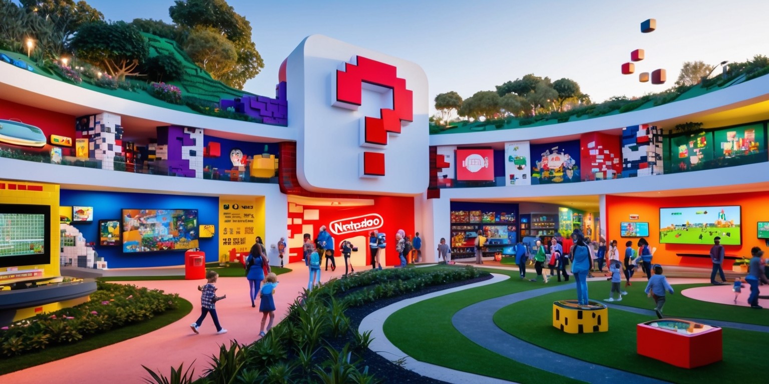 A vibrant and colorful museum dedicated to Nintendo, with a grand entrance featuring a large, iconic Nintendo logo in red and white, surrounded by lush greenery and a winding pathway. The building's exterior is a whimsical blend of modern and retro architecture, with pixel art-inspired walls and a sloping roof adorned with Question Mark Blocks. Inside, the museum is filled with an array of interactive exhibits, including life-size dioramas of beloved Nintendo games, vintage consoles and merchandise on display, and a sprawling gallery featuring concept art and production sketches. Visitors of all ages are scattered throughout the museum, their faces lit up with excitement as they explore the nostalgia-filled space. The atmosphere is lively and playful, with upbeat background music and soft, warm lighting that highlights the vibrant colors and textures of the exhibits.