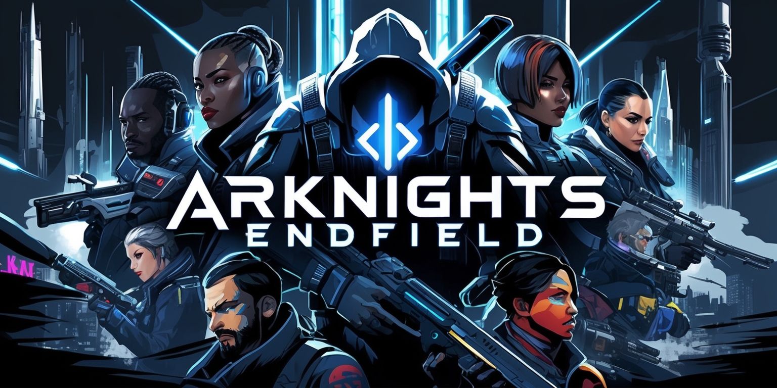 A futuristic sci-fi themed illustration of the Arknights Endfield game, featuring a dark blue and grey dominated color palette with neon accents, set against a dystopian cityscape backdrop with sleek skyscrapers and advanced technologies, incorporating various characters from the game with distinctive facial features and skin tones, including operators with unique attributes and attire, amidst a dramatic and intense atmosphere, with bold lines and vibrant textures, and the game's logo prominently displayed in a metallic font with a silver and blue hue, blending Eastern and Western artistic styles, with a focus on dynamic composition and intricate details.