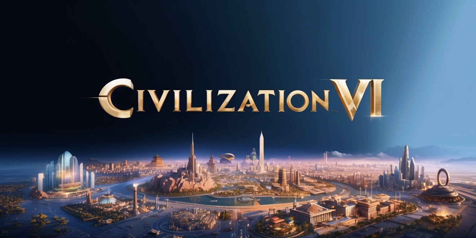 A futuristic, high-definition illustration of the Civilization VII game, set against a dark, gradient blue background, with the game's logo prominently displayed in metallic gold font with clean, modern lines, and subtle, shimmering effects. In the foreground, a sprawling, realistic cityscape with intricate details, featuring a mix of ancient and modern architectural styles, with towering skyscrapers, majestic monuments, and bustling streets. The image includes various game elements such as units, buildings, and natural wonders, rendered in vibrant, saturated colors with subtle texture and depth. The overall aesthetic is sleek, sophisticated, and immersive, evoking a sense of grandeur and discovery. The composition is balanced, with visual pathways guiding the viewer's attention through the scene, and the lighting is dramatic, with soft, warm glows and deep, cool shadows.