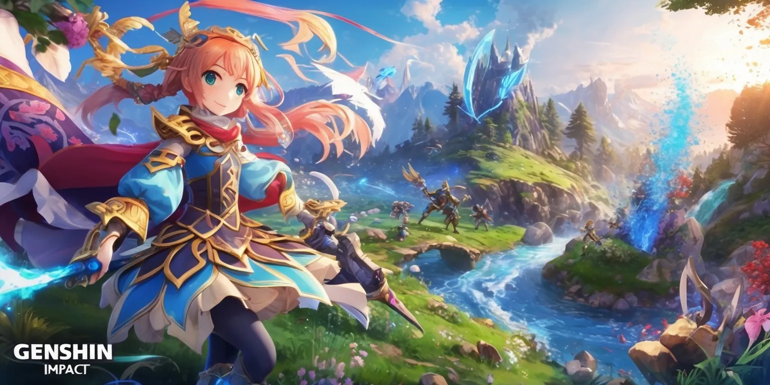 A polished fantasy action RPG scene from Genshin Impact, featuring a vibrant anime-inspired world with cel-shaded characters, expressive faces, ornate fantasy costumes, flowing hair and fabric, elemental magic effects, dramatic natural landscapes, floating particles, colorful lighting, and detailed environmental design. Use a cinematic composition with dynamic perspective, crisp linework, rich saturated colors, soft atmospheric depth, and high-quality game concept art rendering that captures the adventurous, whimsical, and heroic tone of the game.
