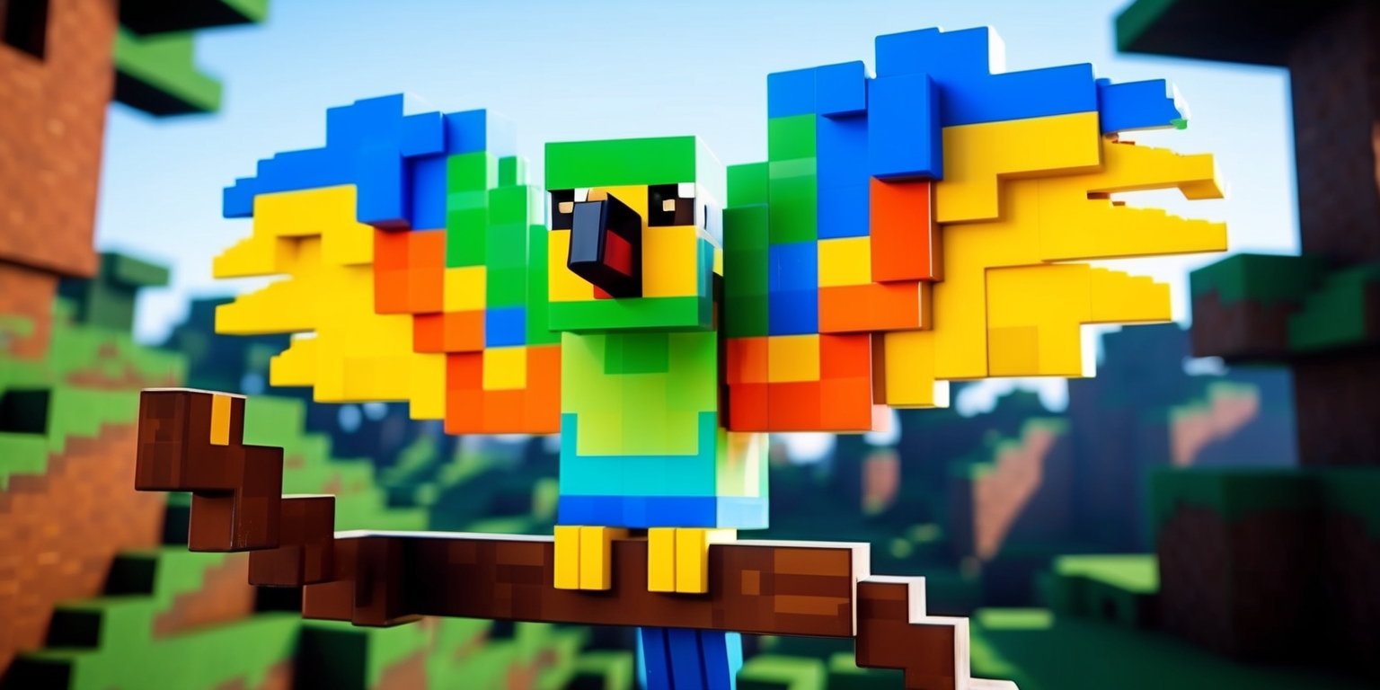 A vibrant and colorful Minecraft parrot mob perched on a tree branch, with its bright green and blue feathers glistening in the sunlight, its beak a sharp yellow, and its big round eyes a shiny black, the background a lush and dense jungle with blocky Minecraft trees and foliage, the parrot's wings spread wide showcasing its detailed textures and patterns, the overall scene a lively and dynamic representation of the Minecraft universe, with a mix of warm and cool colors, and a shallow depth of field to emphasize the parrot's prominent features.