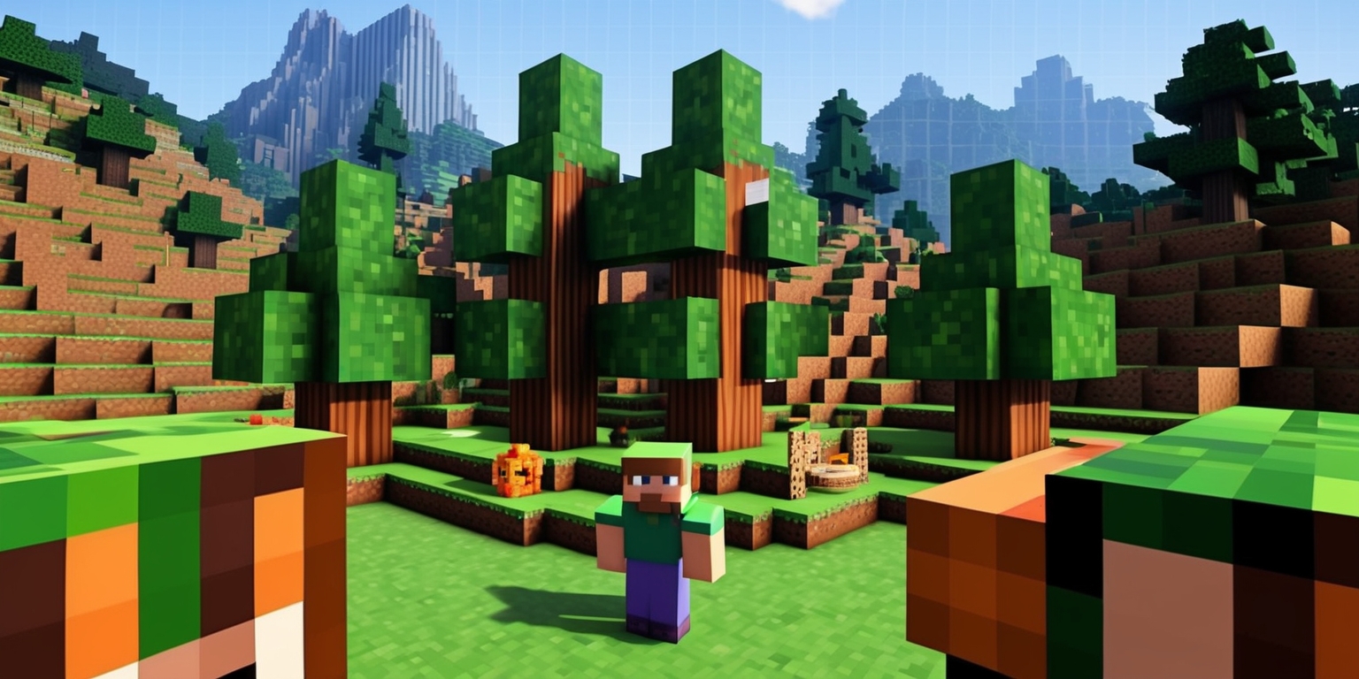 A highly detailed, vibrant, and colorful digital illustration of a Minecraft game scene, set in a blocky, low-resolution, retro-style 3D environment, with bright, bold, and saturated colors, featuring a mix of earthy tones, such as browns, tans, and various shades of green, with a subtle grid-like pattern visible in the background, surrounded by towering trees, hills, and mountains in the distance, with a subtle sense of depth and atmosphere, and possibly including some familiar Minecraft characters, items, or creatures, such as Steve, Creeper, or Enderman, in the foreground, with a slight hint of fantasy and adventure.