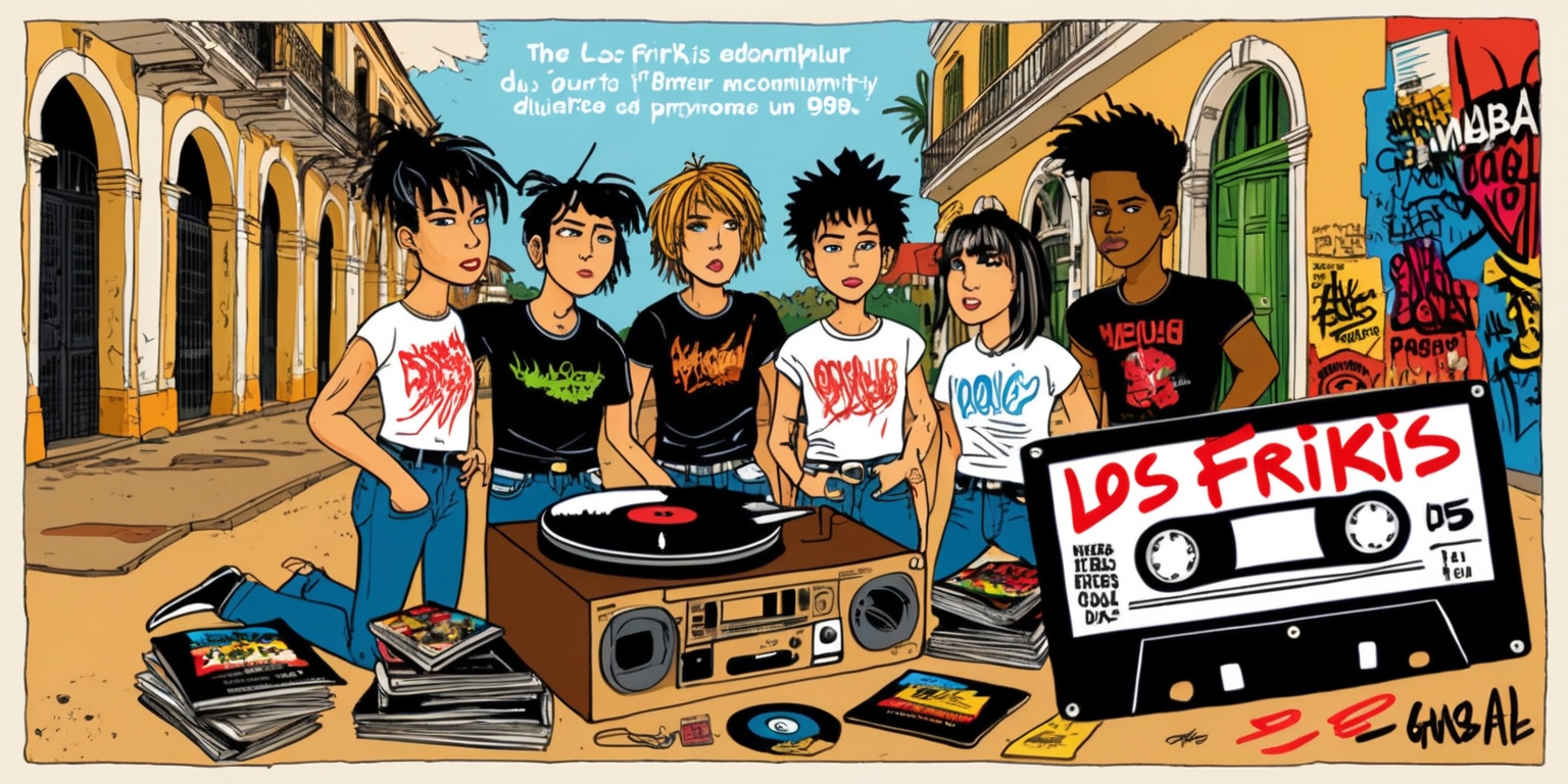 A vibrant, nostalgia-tinged illustration inspired by the documentary *Los Frikis*, capturing the essence of Havana's punk rock movement in the 1990s, set against a warm, sun-kissed backdrop of crumbling colonial architecture and vibrant street art, with a group of friends, each with unique hairstyles, ripped jeans, and band t-shirts, gathered around a makeshift DIY record player, surrounded by cassette tapes, vinyl records, and punk rock zines, their facial expressions a mix of determination, creativity, and rebellion, with bold, expressive lines and bright, clashing colors reminiscent of Cuban graffiti, and in the foreground, a cassette tape with the words *Los Frikis* scribbled in bold, red, graffiti-inspired lettering, evoking the spirit of resistance and nonconformity.