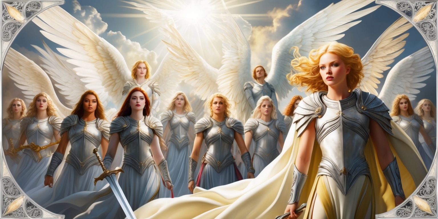 A majestic, ethereal illustration depicting the Angel Legion, a heavenly army of winged warriors, set against a backdrop of radiant, shimmering clouds and sunlight. The angels, with skin tones ranging from porcelain to golden, wear intricately designed armor adorned with gleaming silver accents, their wings a mesmerizing blend of soft feathers in hues of white, cream, and pale blue. Their facial features are strong and determined, with high cheekbones, sharp jawlines, and piercing blue eyes that seem to hold an otherworldly intensity. In the foreground, a prominent angel stands tall, sword in hand, with a flowing mane of golden hair and a flowing white cloak billowing behind them. The overall style is a mix of mythological fantasy and dramatic realism, with bold lines, vibrant colors, and subtle texture. The image is framed by a subtle border, adorned with intricate filigree patterns and subtle, shimmering highlights.