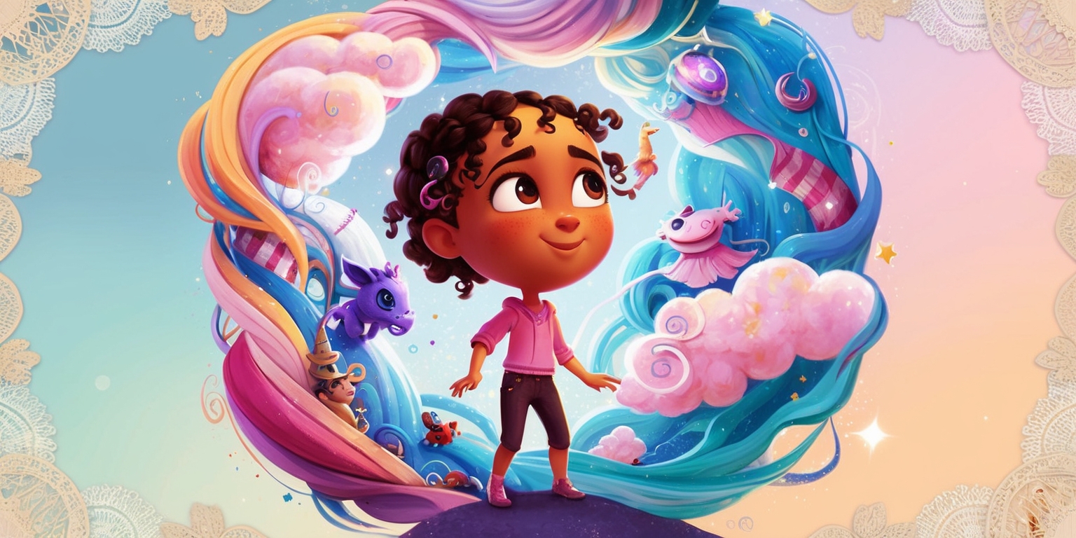 A vibrant, whimsical illustration of the Infinity Nikki game, featuring Nikki, the protagonist, standing in the center of the image, surrounded by swirling clouds, stars, and snippets of fabric, with a mix of fantasy creatures and objects floating around her, all rendered in a colorful, dreamlike palette with bold lines and delicate textures, blending traditional and digital media, with a subtle gradient background that shifts from soft pastel hues to deep blues, evoking a sense of wonder and exploration, with Nikki's expressive face, adorned with a few loose strands of curly hair, looking upwards with a curious and determined gaze, her eyes shining with a hint of magic, and her skin tone a warm, golden brown, set against a subtle frame with intricate lace patterns and a few hints of glittering dust.