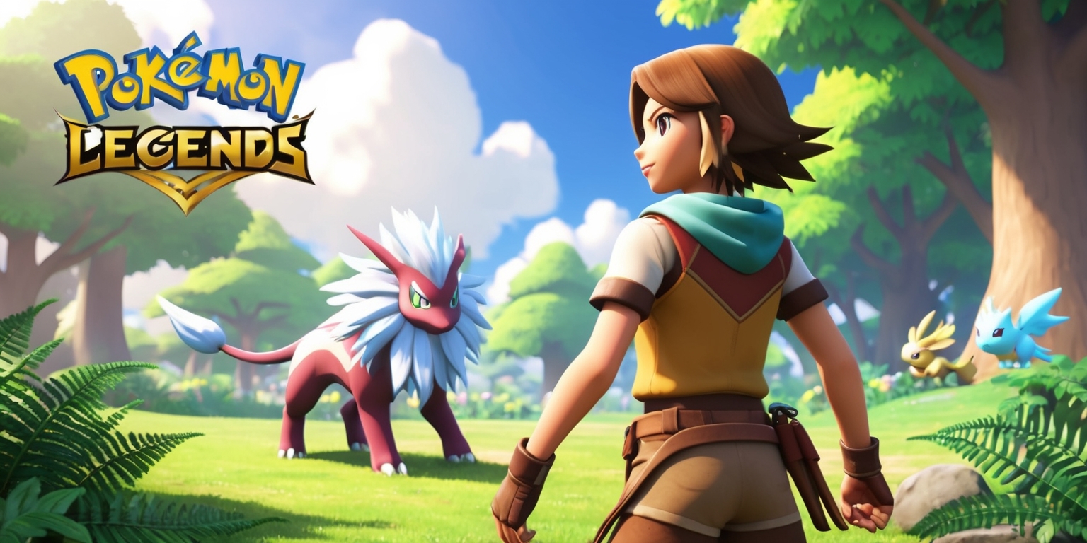A vibrant, action-packed scene from Pokémon Legends: Arceus, featuring a young trainer with determined facial features, medium-length brown hair, and a fit physique, wearing an adventurous outfit with earthy tones, standing in a lush, green forest filled with tall trees, ferns, and a few Pokémon roaming freely, such as a Noble Pokémon with majestic, shimmering fur, set against a warm, sunny backdrop with a few puffy white clouds, with the Pokémon Legends: Arceus logo subtly integrated in the top left corner in a bold, golden font, blending seamlessly into the scenery, as the trainer gazes out into the distance, ready to embark on an exciting journey of discovery and exploration.