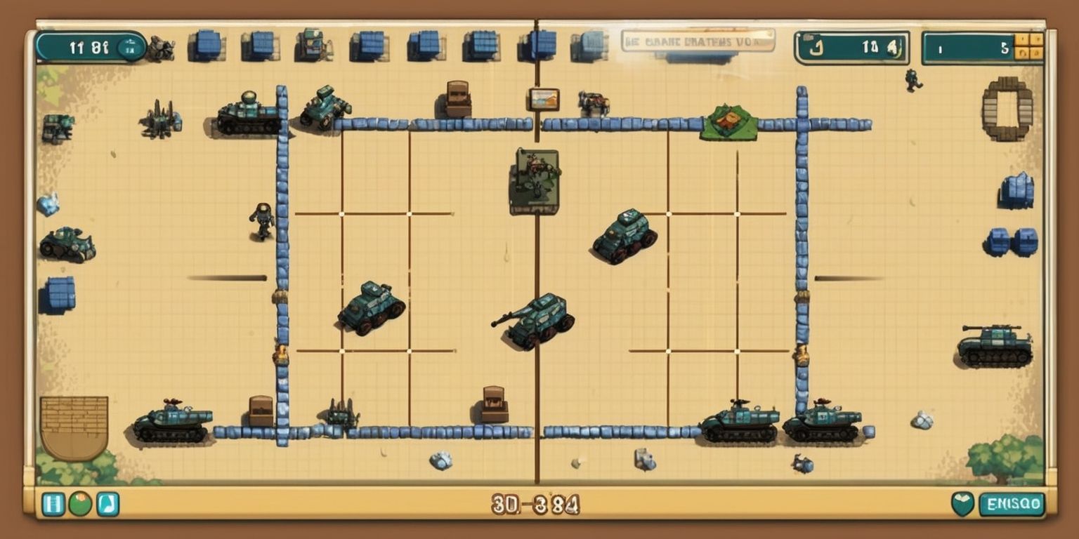 A nostalgic mobile game screenshot with a retro strategy theme, featuring a pixelated art style with a muted color palette of earthy tones, blues, and whites, set against a warm beige background, with a mix of 2D and 3D elements, including tiny soldiers, tanks, and buildings, arranged in a grid-based layout with a top-down perspective, and a simple, yet intuitive user interface with buttons and menus displayed in a classic serif font, with a slight grain effect and subtle animations to enhance the retro feel.
