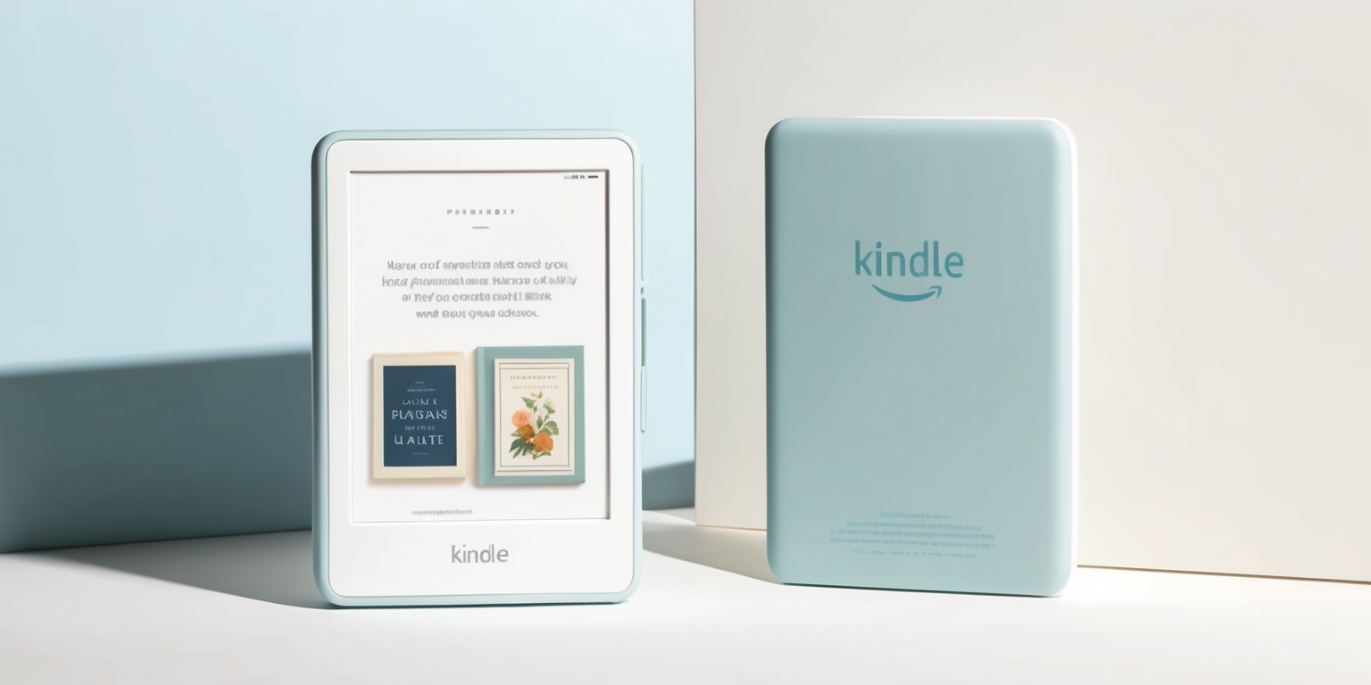 A modern, sleek, and compact Kindle Colorsoft e-reader with a soft, pastel blue and white chassis, featuring a high-resolution, glare-free, 7-inch E Ink display that showcases crisp, clear text and vivid colors, surrounded by a thin, rectangular frame with rounded edges, and a subtle, textured grip on the back, with a slight curvature to fit comfortably in one hand, displaying a serene, minimalist home screen with a few favorite book covers and a gentle, gradient-like background that shifts from pale blue to creamy white, set against a clean, white, minimalistic background with a slight shadow to accentuate the device's slim profile.