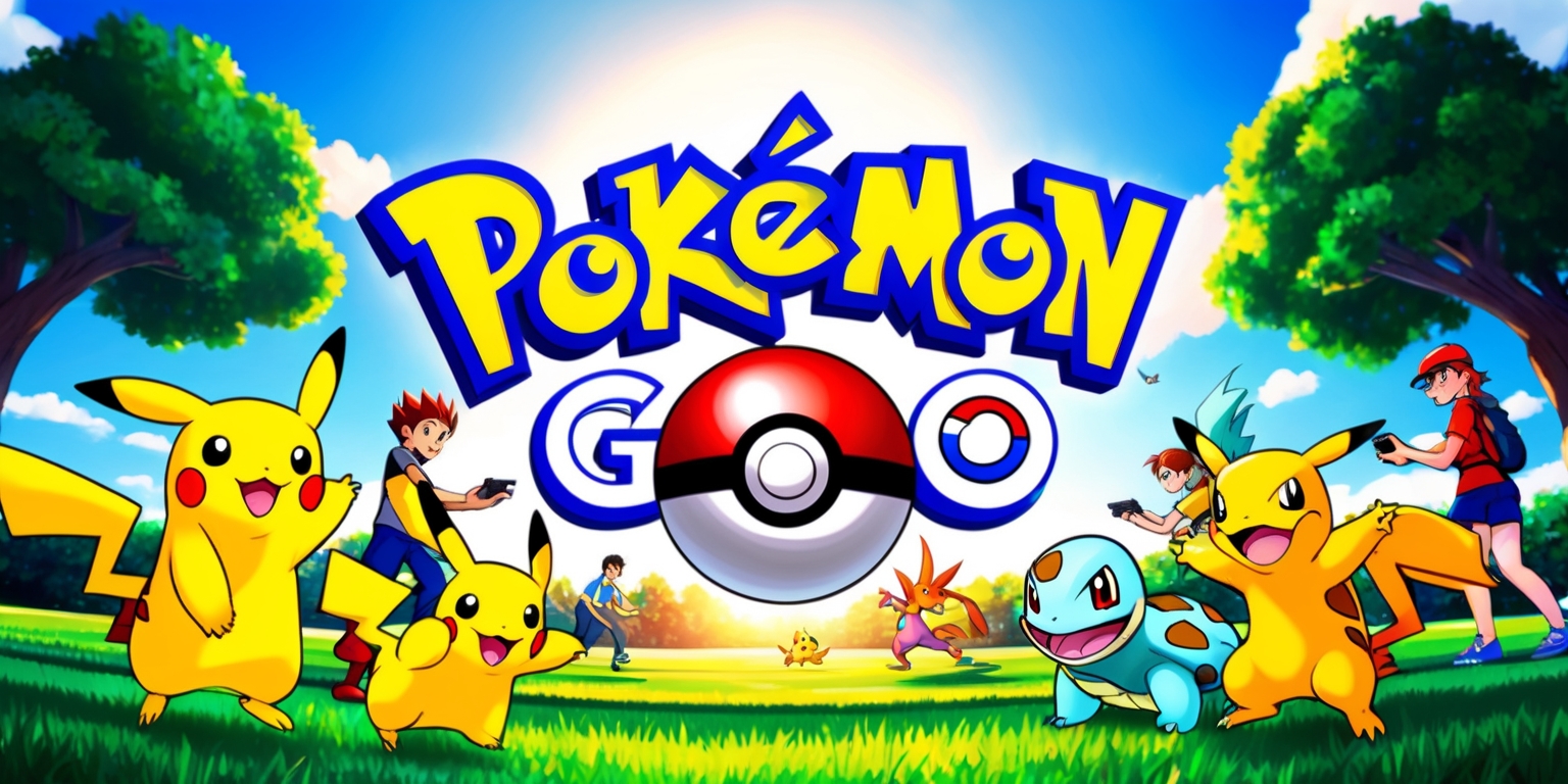 A vibrant and colorful illustration of the Pokémon Go game, set against a bright blue sky with fluffy white clouds, featuring the iconic Pokémon Go logo prominently displayed in bold, red and blue lettering, with the words Pokémon Go written in a curved line above a stylized image of a Poké Ball, surrounded by various Pokémon characters, such as Pikachu, Charizard, and Squirtle, roaming freely in a scenic park-like environment, with lush green grass, tall trees, and a few players in the background, all fully engaged in capturing Pokémon on their mobile devices, with a subtle hint of sunlight casting a warm glow on the entire scene, emphasizing the joy and adventure of playing the game.