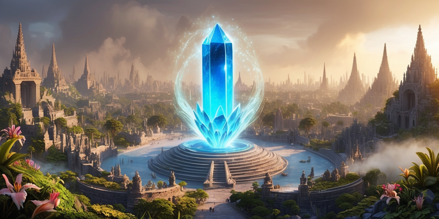 A mystical, ornate crystal at the center of an ancient, sprawling metropolis inspired by the lost city of Atlantis, with intricately carved stone structures and towering spires piercing the sky, set against a warm, golden sunset, with a subtle, shimmering aura emanating from the crystal, symbolizing its powerful, otherworldly energy, surrounded by lush, vibrant greenery and delicate, exotic flowers, with hints of mist and fog rolling in, evoking a sense of mystique and wonder, as if the city itself is awakening from a centuries-long slumber, with the crystal at its heart, radiating an aura of magic and possibility.