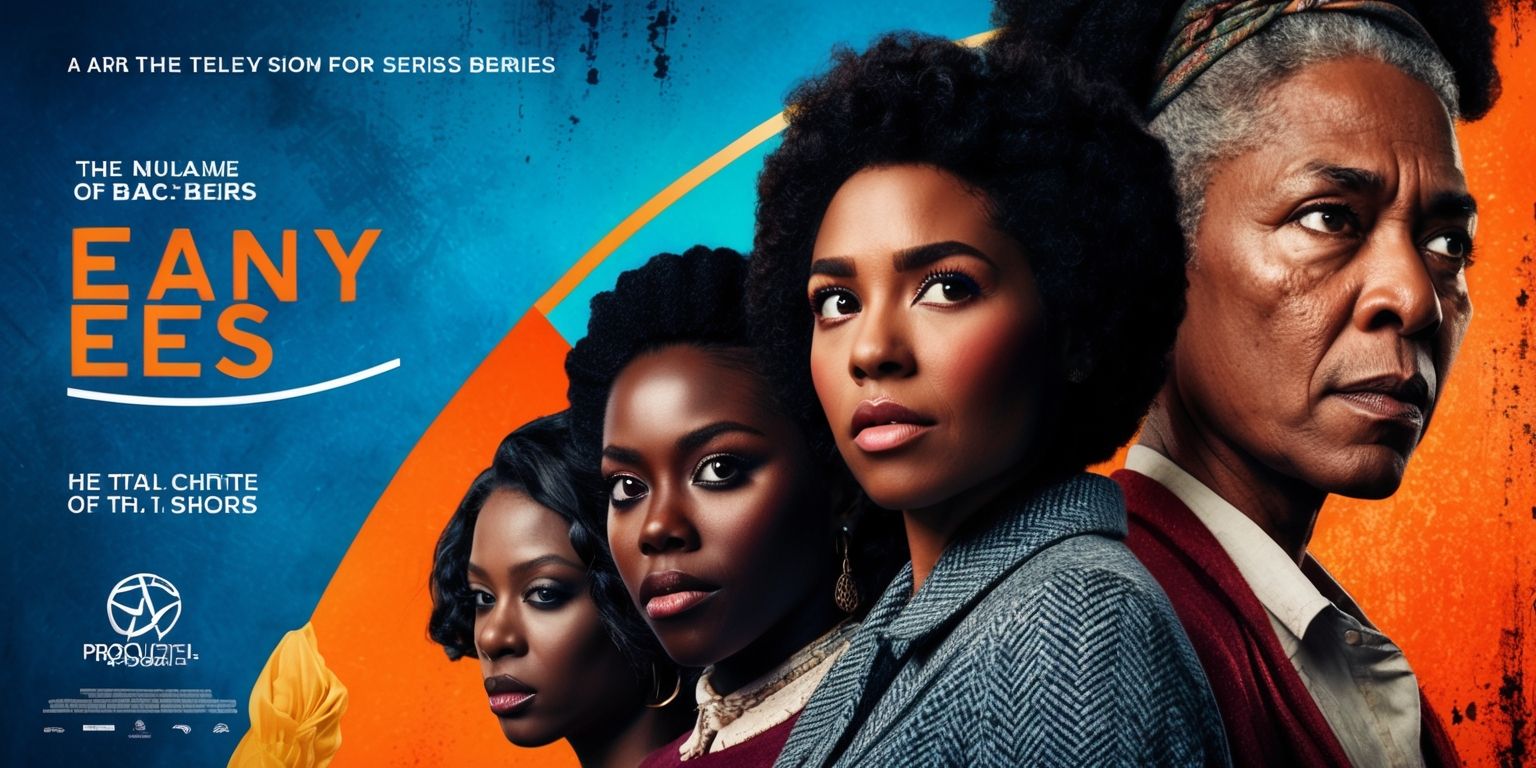 A poster for a television series featuring a dramatic scene with characters of diverse skin colors and unique facial features, set against a vibrant backdrop of blues and oranges, with bold font titles and credits in a modern sans-serif style, including a prominent logo of the production company in the bottom left corner, and a tagline in a curved line above the title, all carefully arranged to capture the essence of the series, with a mix of bright and muted colors, and a composition that draws the viewer's attention to the central figures, on a standard rectangular layout with a hint of grunge texture to give it a cinematic feel.