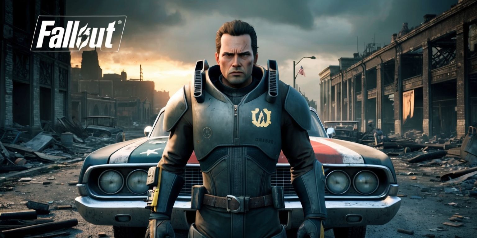 A cinematic scene from the Fallout TV series in a post-apocalyptic world with a gritty atmosphere, set in a ruined cityscape with destroyed buildings and debris-filled streets, featuring a lone protagonist with a determined expression, wearing a vault suit with a Pip-Boy on their wrist, standing in front of a vintage car with a faded American flag, under a dark and cloudy sky with a hint of orange sunset, with a mix of muted earthy tones and desaturated colors, and a subtle texture of grain and dust, with the protagonist's facial features including a strong jawline and piercing eyes, and the vault suit's logo and Pip-Boy's screen displaying a faint blue light.