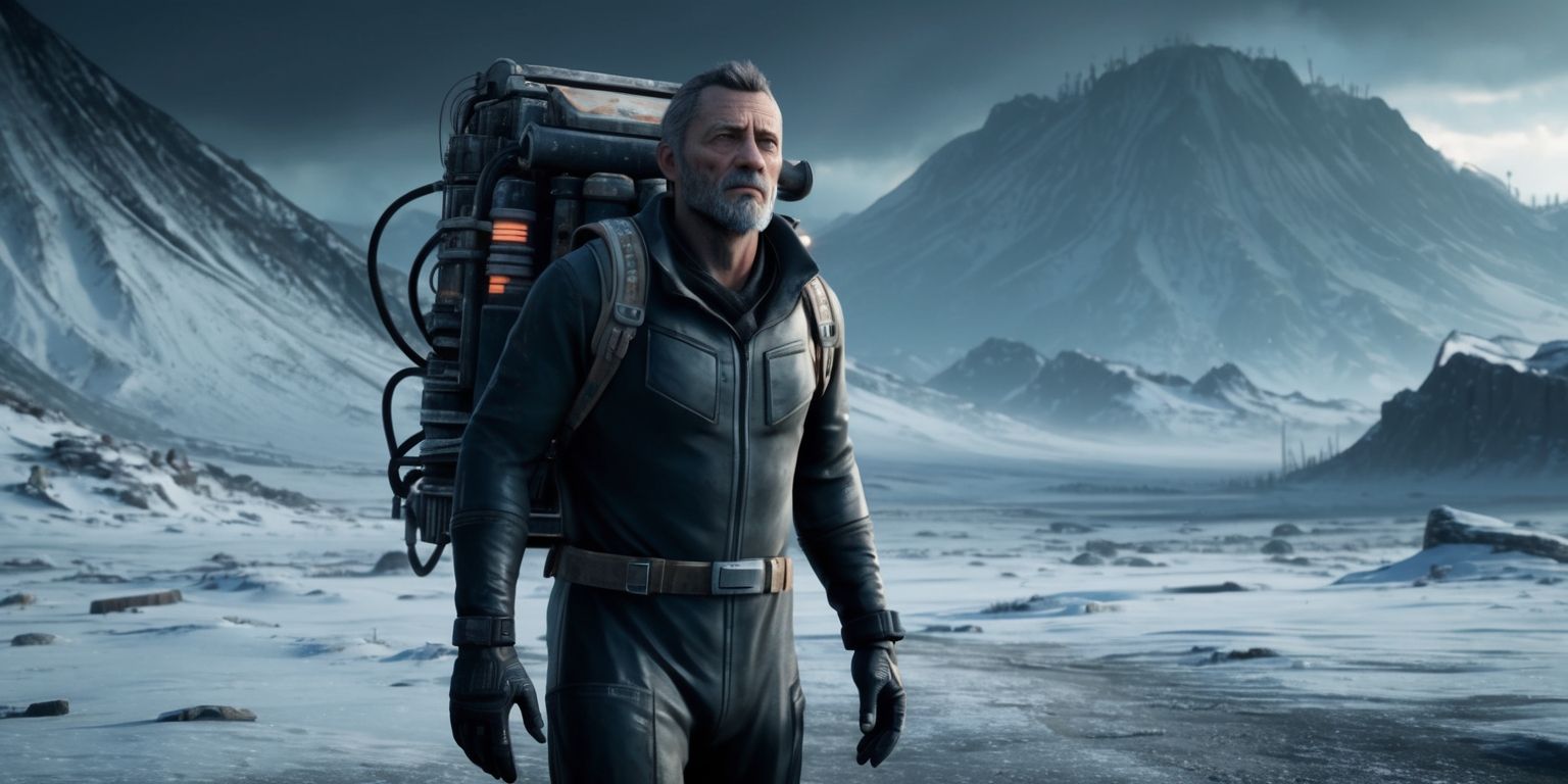 A futuristic and dystopian scene depicting the main character from Death Stranding 2, a worn and weary porter with a determined expression, standing alone in a barren and snow-covered landscape, with a vast and mysterious mountain range in the background, wearing a sleek black jumpsuit and carrying a large backpack with strange and advanced equipment, the character's facial features are rugged with a strong jawline and piercing eyes, the atmosphere is dark and ominous with a hint of sci-fi elements, the color palette is a mix of dark blues and greys, with subtle hints of neon lights and advanced technology, the overall style is a blend of realism and futuristic elements, with a focus on the character's emotional state and the desolate environment.