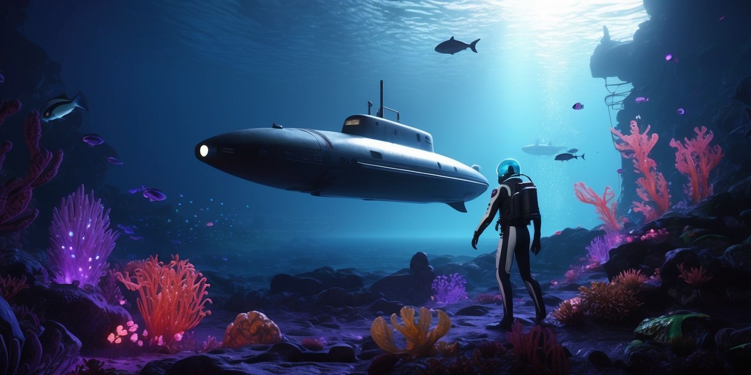 A futuristic underwater scene from Subnautica 2, with a vast oceanic landscape, featuring a submarine in the distance, surrounded by an array of bioluminescent sea creatures, vibrant coral, and towering underwater flora, set against a backdrop of deep blues and purples, with sunlight barely peeking through the surface, illuminating the dark waters, and a few scattered remnants of an alien technology, with the Cyclops submarine being the central focus, its metallic body glistening in the faint light, as a lone diver in a sleek black and silver suit, with a bright blue helmet, explores the surrounding area, amidst a school of glowing fish darting past.