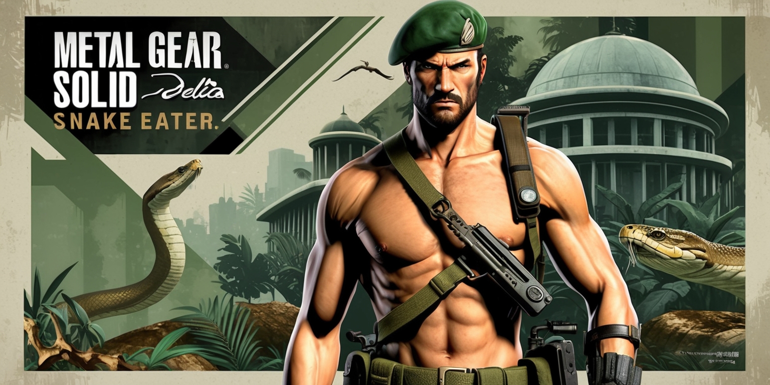 A highly detailed illustration of the Metal Gear Solid Delta Snake Eater game, featuring the protagonist Naked Snake in a jungle environment, with a mix of earthy tones such as greens and browns, and muted metallic colors, set against a backdrop of 1960s style Soviet architecture, with Snake wearing his signature green beret and carrying a radio and a tranquilizer gun, his facial features rugged and determined, with a strong jawline and piercing eyes, the overall style reminiscent of a cinematic poster, with bold lines and textures, and a sense of nostalgic retro futurism, incorporating subtle hints of the game's themes and motifs, such as the presence of snakes and other jungle creatures, and the ominous silhouette of a metal gear in the distance.
