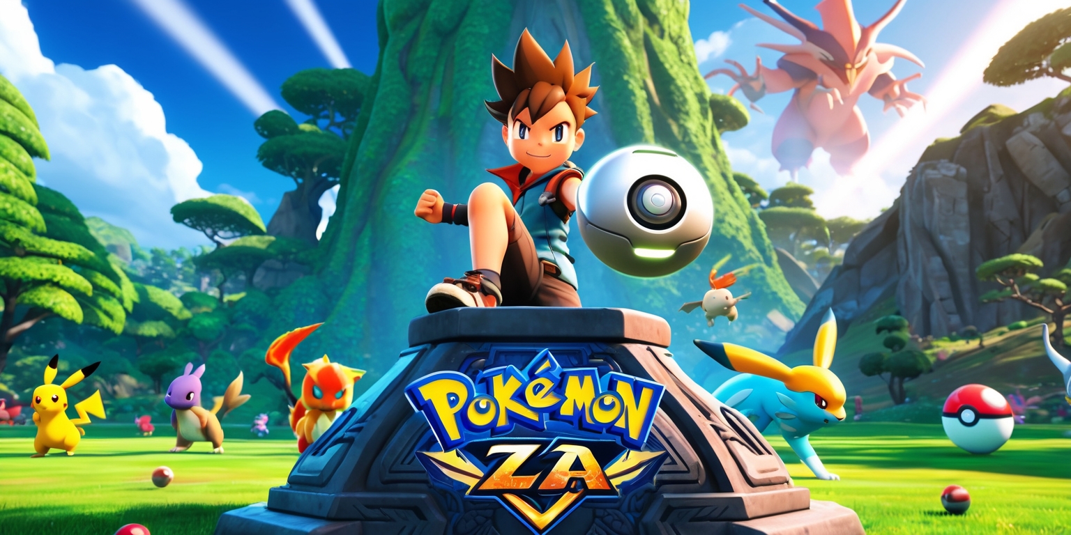A vibrant, action-packed scene from the Pokémon Legends: Z-A game, featuring a young, determined trainer with short, spiky hair and a bright, adventurous smile, standing confidently in a lush, green forest surrounded by towering trees and exotic, colorful Pokémon, with a few Pokémon roaming freely in the background, set against a clear, blue sky with fluffy, white clouds, and in the foreground, a large, ancient, stone pedestal with intricate, mysterious carvings, displaying the games' logo in a bold, gold font with a stylized, futuristic design, as the trainer holds a high-tech, sleek, silver Pokédex in their hand, with a few Poké Balls scattered around them, and a massive, legendary Pokémon looming in the distance, with a dramatic, epic lighting effect illuminating the entire scene.