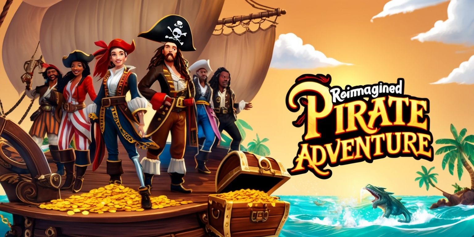 A vibrant and dynamic illustration of a reimagined pirate adventure game, set against a warm golden sunset backdrop with a few fluffy white clouds, featuring a diverse group of swashbuckling pirates with unique facial features, varying skin tones, and distinctive clothing, including a female pirate with a bold red bandana and a male pirate with a prosthetic leg, standing on the deck of a sturdy galleon ship with intricate wooden details and billowing sails, surrounded by tropical island palm trees, a treasure chest overflowing with glittering gold coins and precious jewels, and a subtle hint of a mystical sea monster rising out of the turquoise ocean waves in the distance, with the game's title written in a bold, curly, pirate-themed font with gold and red colors, and a few subtle special effects such as sparkles, glows, and ripples to enhance the sense of adventure and excitement.
