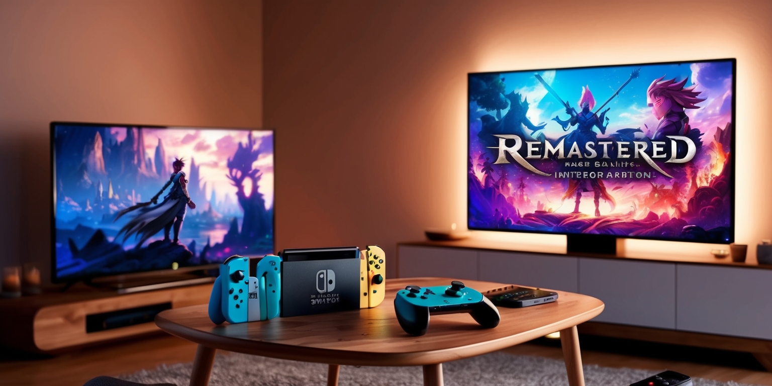 A high-definition screenshot of a remastered role-playing game on the Nintendo Switch console, showcasing a vibrant fantasy world with intricate character designs and detailed environments, the game's title and logo prominently displayed in a bold, modern font with a metallic sheen, the Switch's Joy-Con controllers resting on a wooden table beside the console, which is positioned on a sleek, minimalist entertainment center, with a large flat-screen television in the background displaying the game's colorful graphics, the room is illuminated by warm, soft light, with a few gaming accessories and snacks scattered around the console, the overall atmosphere is cozy and inviting, capturing the essence of an immersive gaming experience.