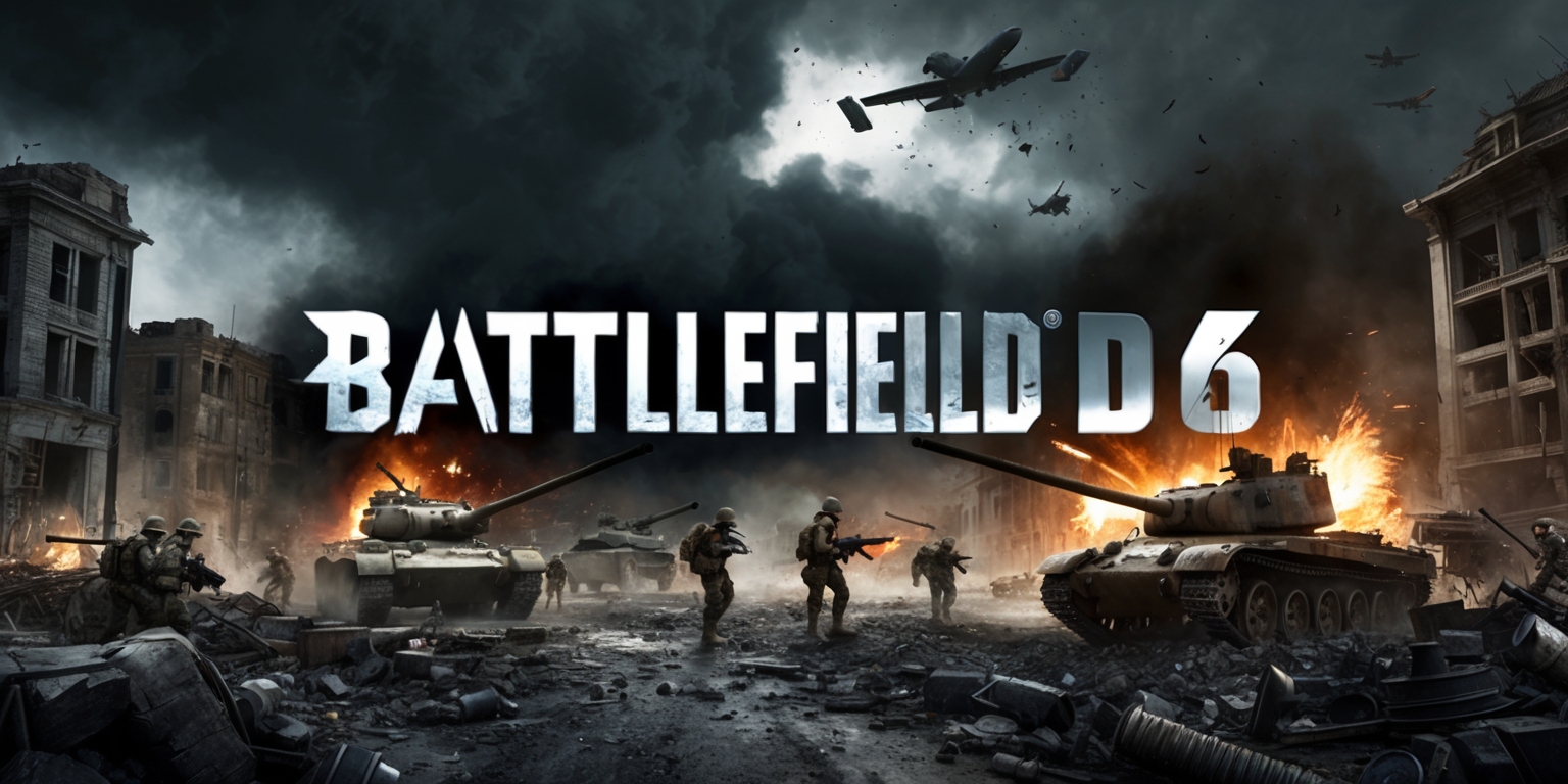 A dramatic and intense scene from Battlefield 6 game, with a chaotic war-torn landscape, destroyed buildings, and debris-filled streets, set amidst a backdrop of a dark and ominous sky with thick grey clouds, featuring a mix of soldiers and military vehicles, including tanks, aircraft, and artillery, with explosions and gunfire illuminating the scene, and a strong focus on the gritty and realistic graphics, with detailed character models and environments, and a muted color palette with shades of brown, grey, and black, with bold typography displaying the game's logo in a metallic font with a silver and black color scheme.
