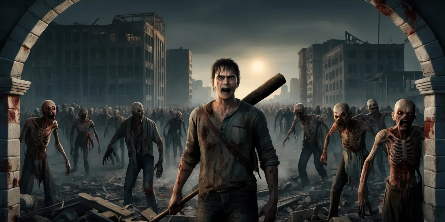 A dark and gritty scene depicting a post-apocalyptic world, set in a desolate urban landscape with abandoned buildings, rubble-filled streets, and a foreboding atmosphere, the sky is a deep ominous grey, a survivor dressed in tattered clothing, with a look of determination and fear, holding a baseball bat, stands in the center, surrounded by hordes of undead zombies, their faces twisted in grotesque expressions, with decaying flesh and tattered clothes, the survivor's facial features are defined by a strong jawline, piercing brown eyes, and a smudge of dirt on their cheek, the zombies are in various states of decay, with some missing limbs, others with exposed bones, the overall color palette is muted, with shades of grey, brown, and dark red, the scene is framed by a distressed stone archway, with a faint glow of a setting sun in the distance, illuminating the devastation.
