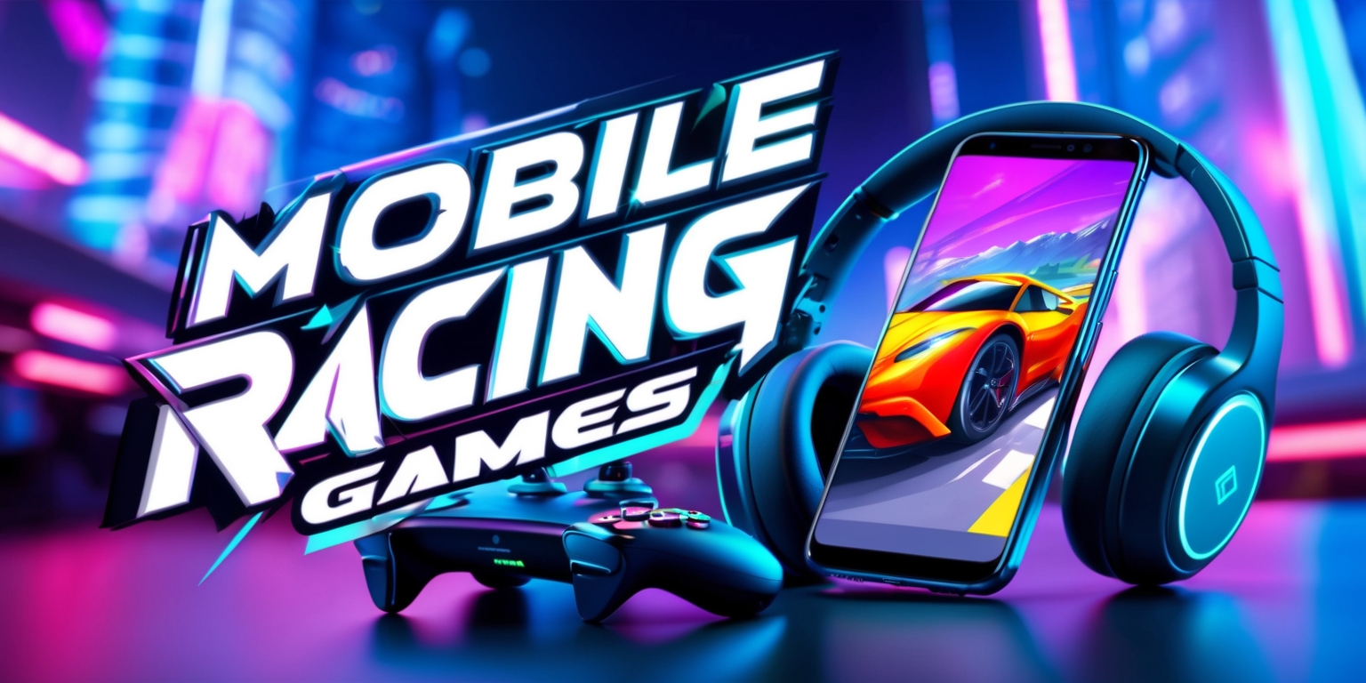 A vibrant and dynamic illustration of a mobile gaming setup, featuring a sleek smartphone with a brightly colored racing game open on its screen, surrounded by sleek, high-tech gaming accessories such as a wireless controller and a pair of noise-cancelling headphones, set against a blurred background of a futuristic cityscape with neon lights and towering skyscrapers, with bold, modern typography overlaying the scene, reading Mobile Racing Games in a stylized, metallic font, with subtle gradient effects and 3D elements adding depth and visual interest to the overall composition.