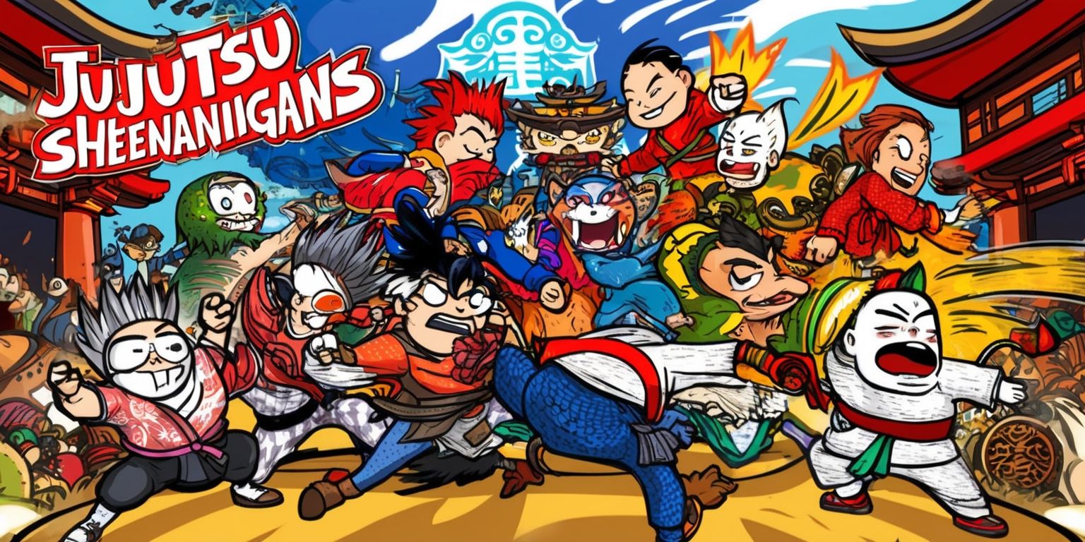 A vibrant and dynamic illustration of the Jujutsu Shenanigans game, featuring a mix of characters from the series in a playful and chaotic scene, with bold lines, bright colors, and exaggerated expressions, set against a backdrop of Japanese-inspired architecture and mystical symbols, with the characters interacting and colliding in a whirlwind of movement and energy, showcasing their unique abilities and personalities, with detailed textures and patterns on their clothing and accessories, and a sense of excitement and mischief in the air, capturing the lighthearted and humorous side of the game, with a focus on the characters' facial features, skin tones, and distinctive attributes, and incorporating stylized text or logos from the game in a creative and visually appealing way.