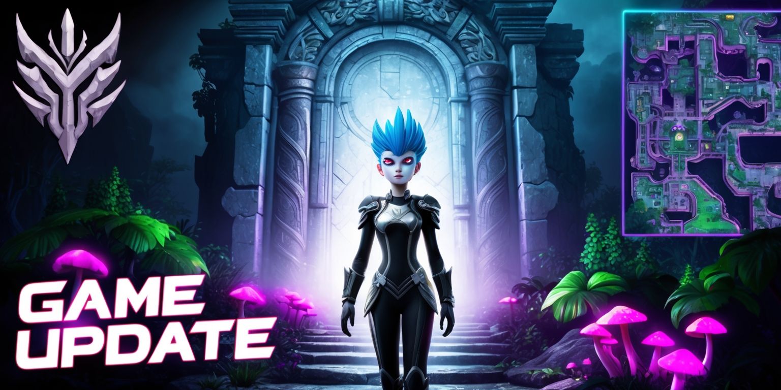 A vibrant digital artwork depicting a Metroidvania game update, set in a mysterious, atmospheric environment with a mix of dark blues and purples, featuring a protagonist with distinctive facial features, pale skin, and striking blue hair, wearing a sleek black and silver armor, standing in front of a massive, ancient stone door with intricate carvings, surrounded by lush greenery and glowing purple mushrooms, with a faint, pulsing glow emanating from the door, and a sprawling, interconnected map of the game world in the background, filled with hidden paths, secret areas, and ancient ruins, with bold, neon-colored text overlay reading Game Update in a futuristic, cursive font, and a stylized, silver logo of the game's title in the top-left corner, blending seamlessly into the environment.
