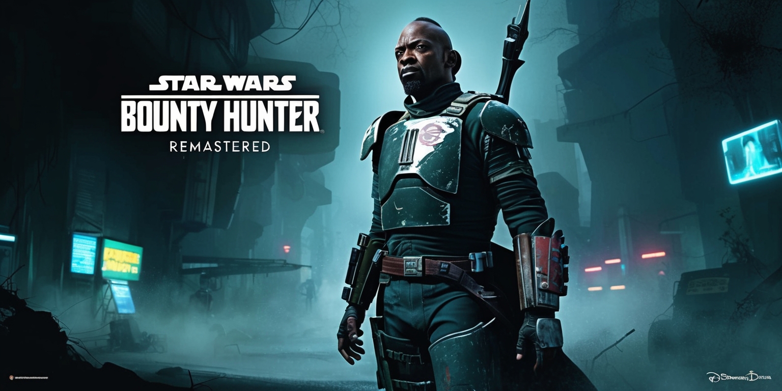 A futuristic, high-contrast, action-packed digital illustration depicting a remastered scene from the Star Wars: Bounty Hunter game, set in a dark, gritty, and misty atmosphere, with a dominant color palette of deep blues, greens, and greys, evoking a sense of mystery and tension. In the foreground, a bounty hunter, possibly Jango Fett, stands tall, clad in worn, battle-damaged armor, with a calm and focused expression, gazing into the distance. The hunter's armor is adorned with intricate details, scratches, and weathering, with a subtle metallic sheen. The surroundings are dimly lit, with faint Neon signs and holographic advertisements flickering in the background, casting an otherworldly glow. The overall style is a mix of cinematic concept art and comic book-inspired visuals, with bold lines, vibrant accents, and a sense of dynamic movement.