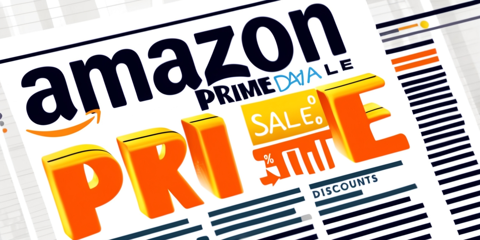 A bright and colorful illustration of a digital newspaper or online article page with a bold, eye-catching headline that reads Amazon Prime Day Sale in a modern, sans-serif font, with the words Prime Day in a bright orange or yellow tone to grab attention. The background is a clean, crisp white, with subtle gradient effects to give it a modern feel. The article's subheading is written in a clear, easy-to-read font, explaining the benefits and discounts of the sale event. A few strategically placed icons or graphics, such as a shopping cart or a percentage sign, add visual interest and break up the text. The overall design is sleek, contemporary, and engaging, with ample negative space to make the content easy to read and digest. The image is set against a subtle grid or texture, giving it a slight digital or online news feel.