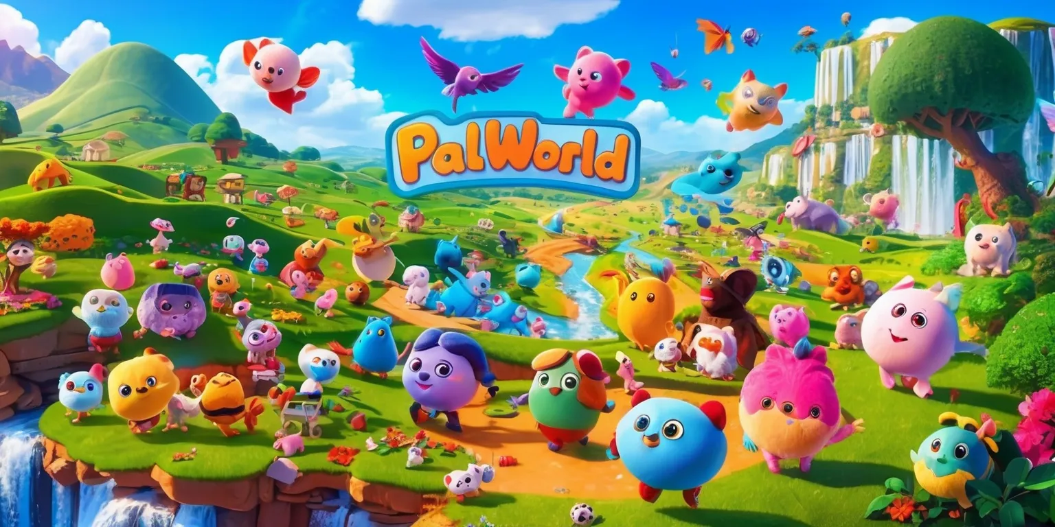 A vibrant digital artwork depicting the whimsical world of Palworld, featuring a Vast open landscape with lush green hills and blue skies, filled with adorable Pals of various shapes and sizes, each with distinct facial features and vibrant colors, showcasing a mix of adventurous and playful scenes, with some Pals flying, others interacting with each other, and some exploring the environment, set against a stunning backdrop of rolling hills, sparkling waterfalls, and towering trees, with a warm and inviting color palette, intricate details, and a sense of wonder and discovery, capturing the essence of the Palworld game in a visually stunning and immersive scene.